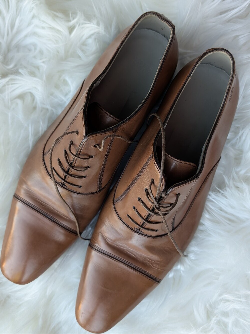BOSS Hugo Boss Men’s 10 Brown Leather Cap Toe Oxford Dress Shoes Made in Italy